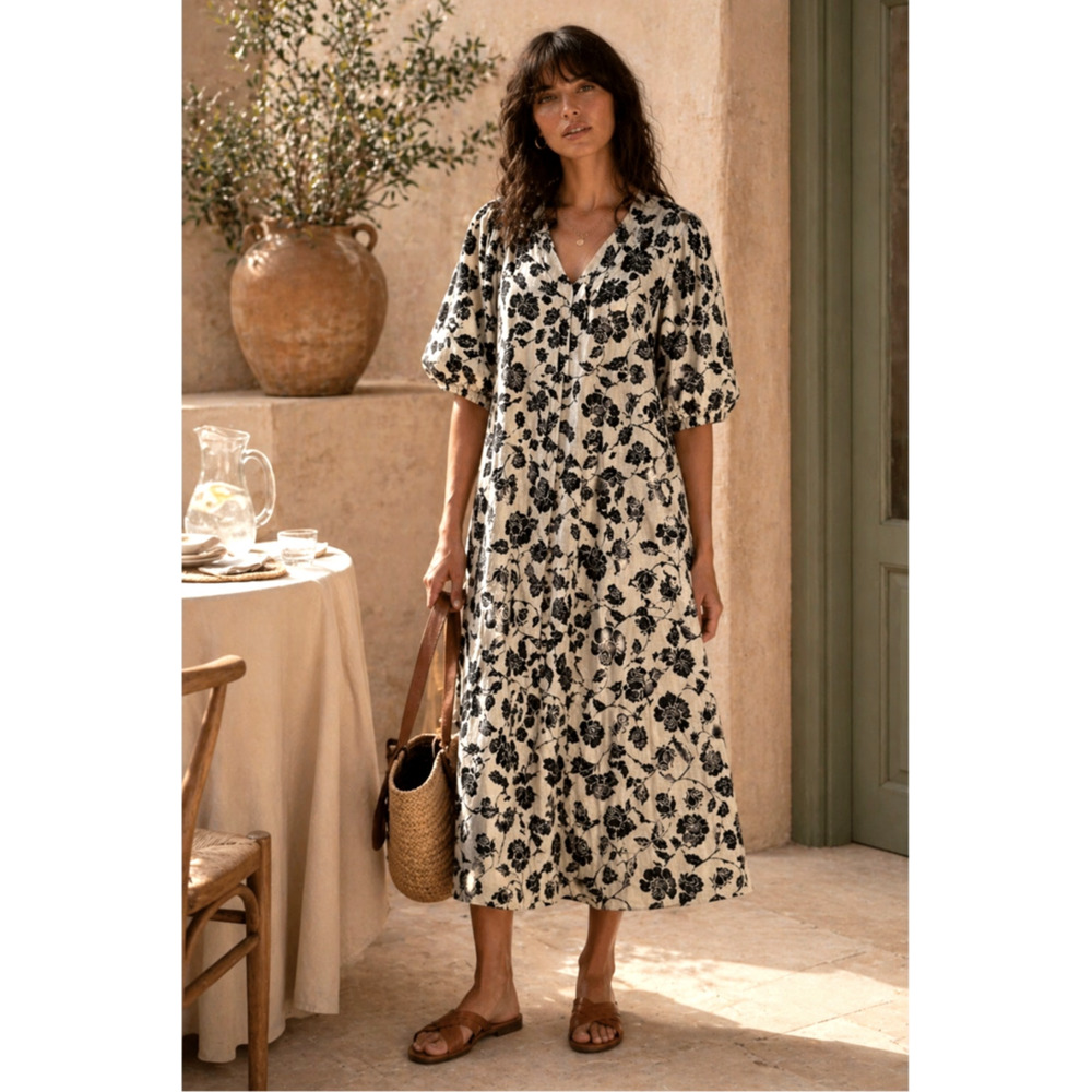 Zimmermann 0/US4 Lovestruck Floral Midi Dress 100% LINEN Puff Sleeve Black NEW
